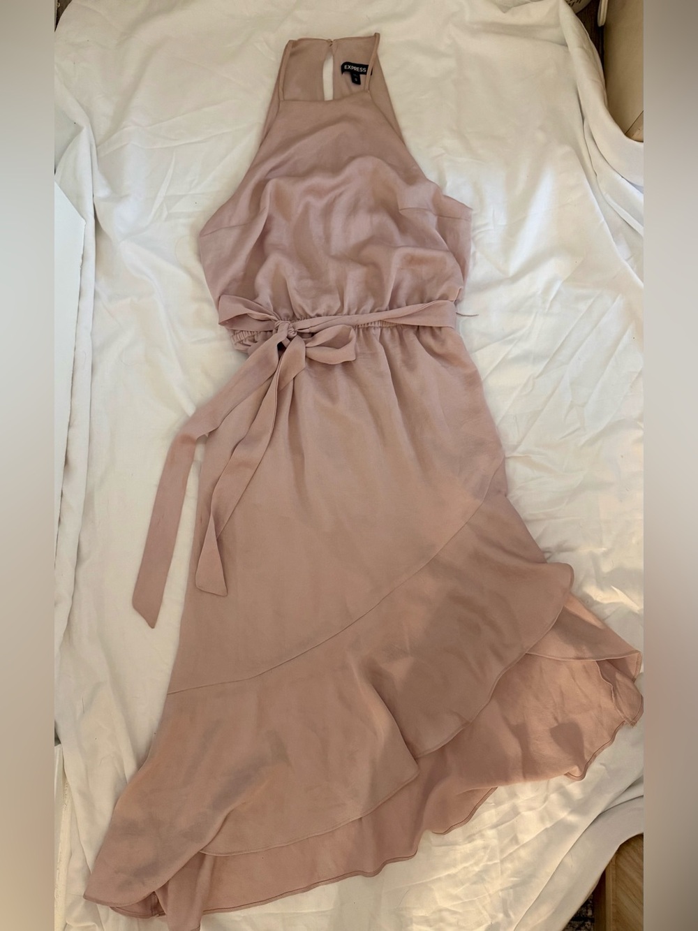 Express Blush Pink High-Low Halter Dress with Waist Tie